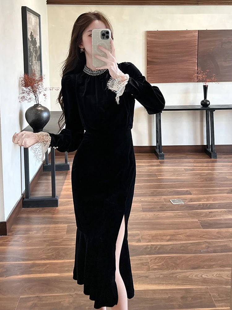 Abiti da strada da donna Velluto nero O-Collo Slim Midi Abito a coda di pesce Elegante Lady Fashion Party Abiti Dolce retrò Autunno Casual