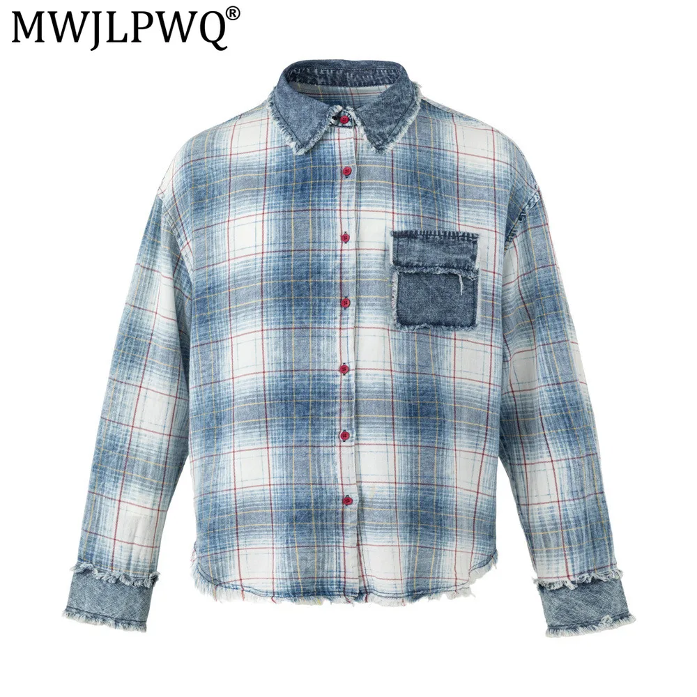 MWJLPWQ American Retro Washed Distressed Plaid Long-Sleeve Shirt Faux Two-Piece Design Cat-Whisker Trim Street Tops New 21544