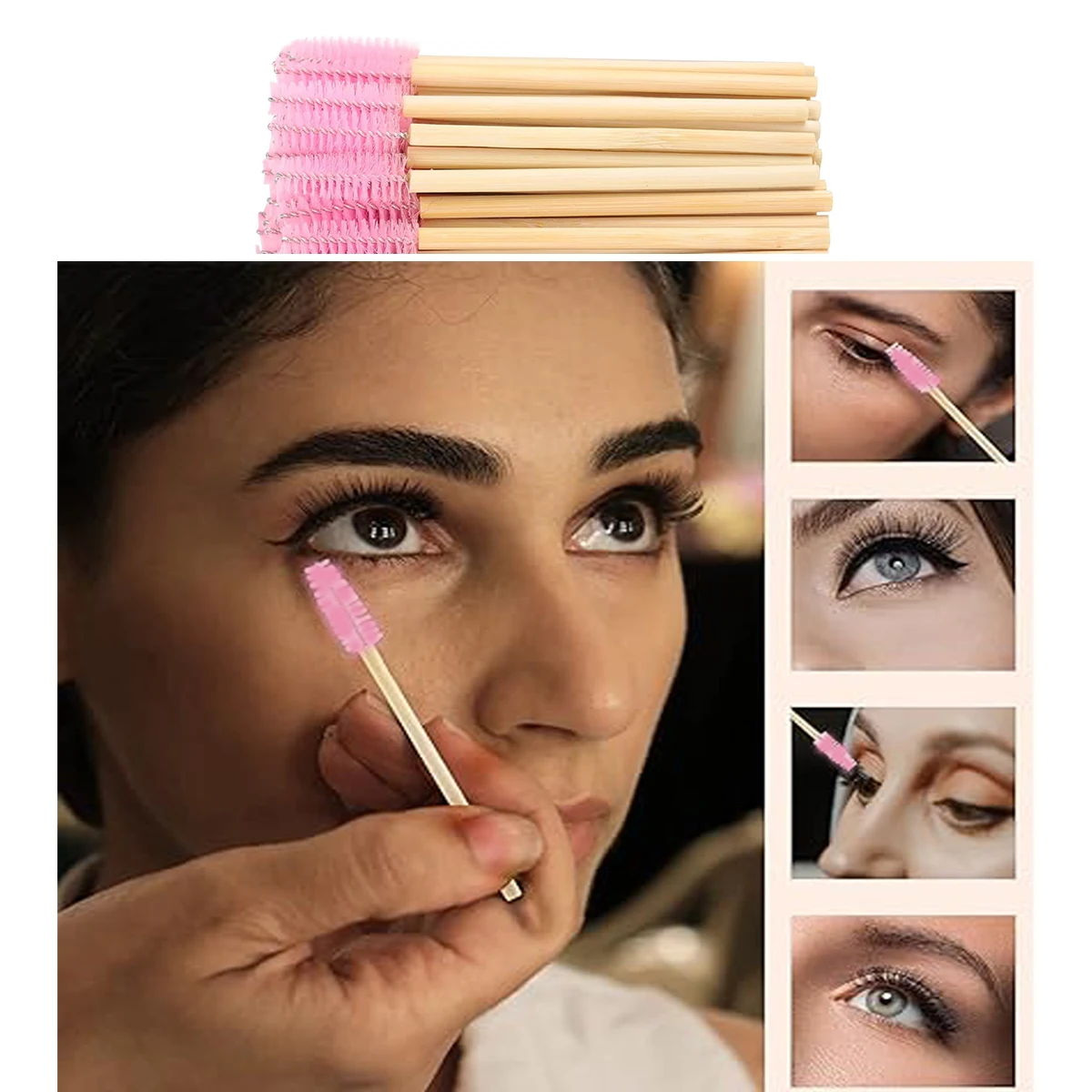 Brosses à cils avec manche en bambou pour les yeux, baguettes de mascara pour extensions de cils, pinceaux de maquillage