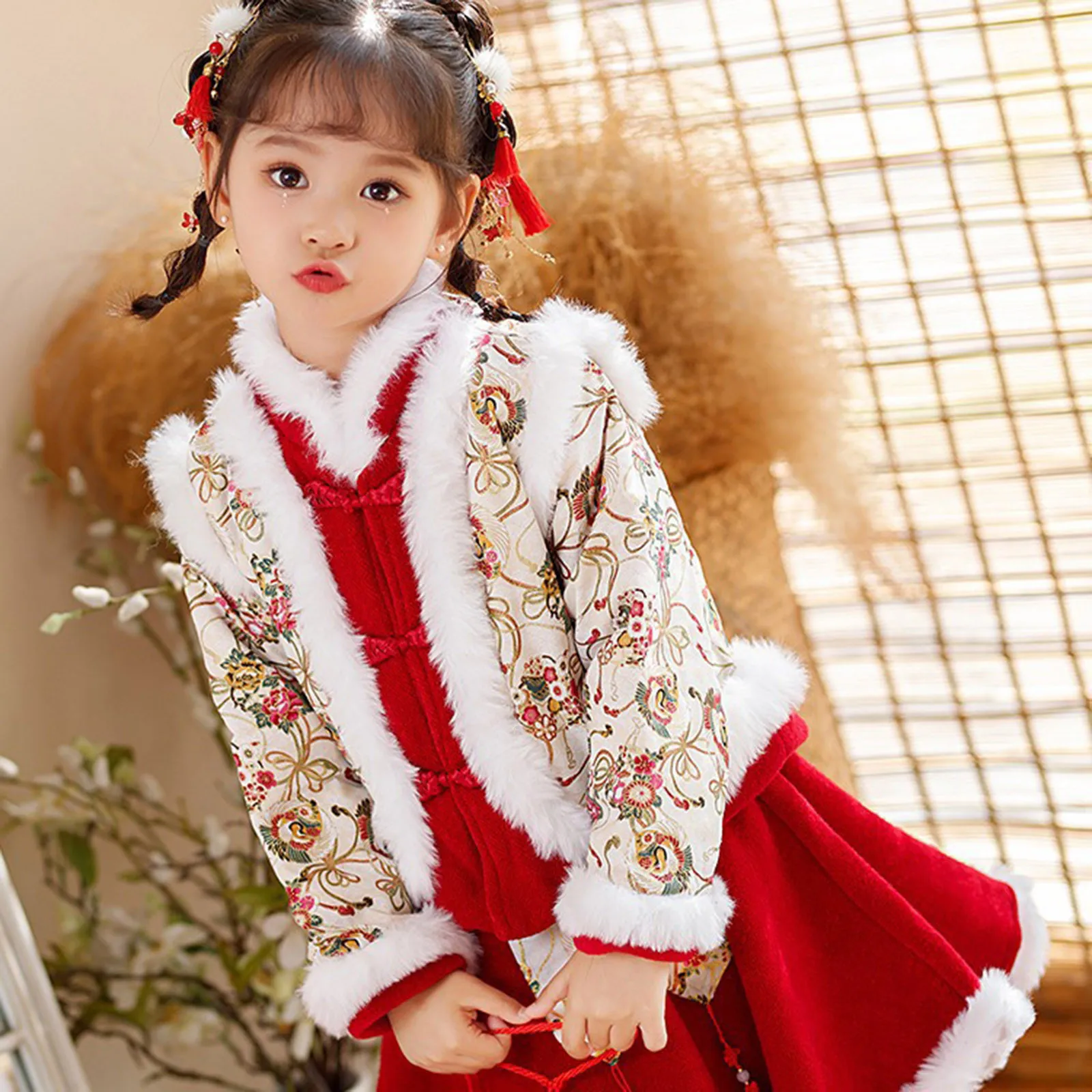 Hanfu Baby Girls Winter Clothes New Year Children\'s Chinese Traditional Style Girl Coat+Fleece Lined Dresses Velvet Tang Suits