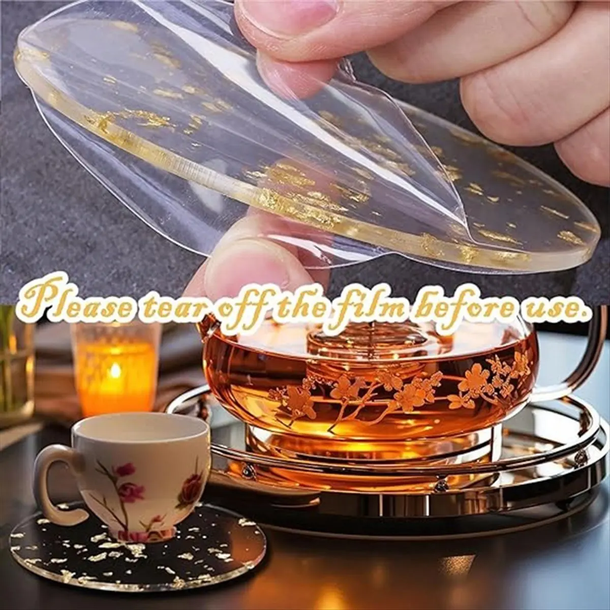 ABCL Gold Foil Acrylic Coasters Set of 6 for Drinks Nordic Style Tea Coaster Coffee Cup Insulation Pad for Bowls,9.5cm