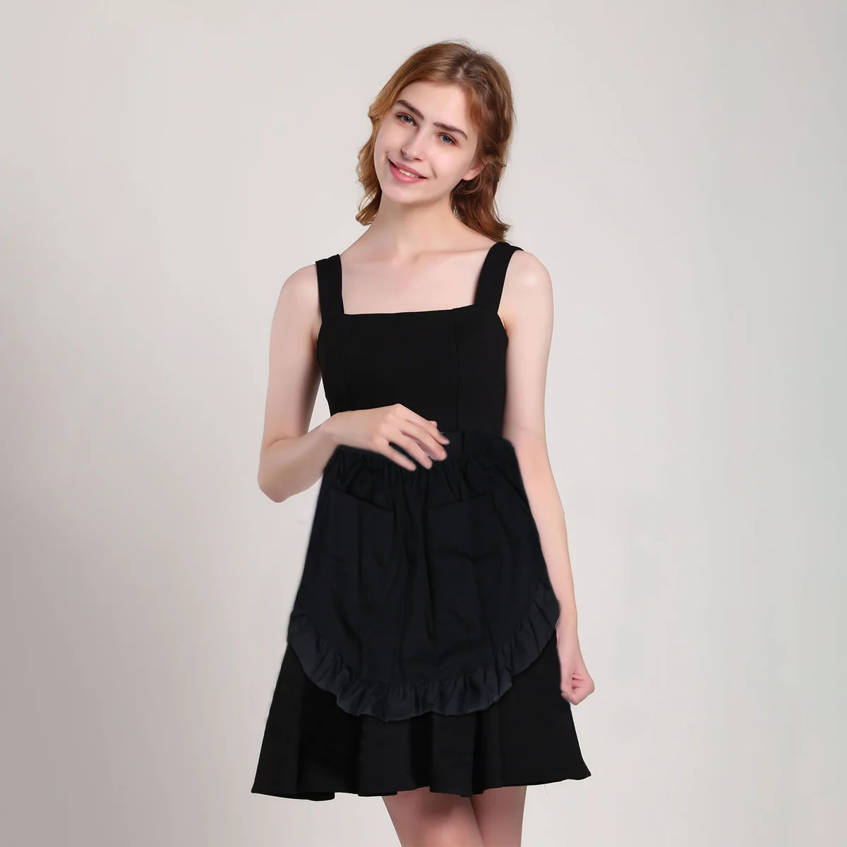 

2pcs Pure White Half Apron European Cotton Women Flounce Domestic Maid Waist Tie Machine Washable For Hotel Cafe Bakery Use