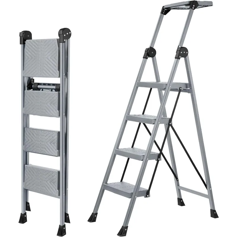 

4 Step Ladder, Foldable Step Stool Ladder with Handrails & Tray, 660 lbs Heavy Duty Wide Pedals, Sturdy Steel Folding Ladder
