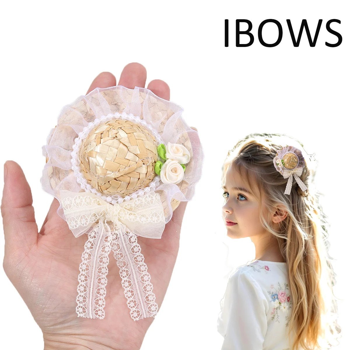 جديد قبعة القش الصغيرة مشبك شعر الحلو زهرة القوس دبوس الشعر اليدوية باريت للفتيات النساء الصيف الشاطئ بوهو غطاء الرأس الملحقات #1