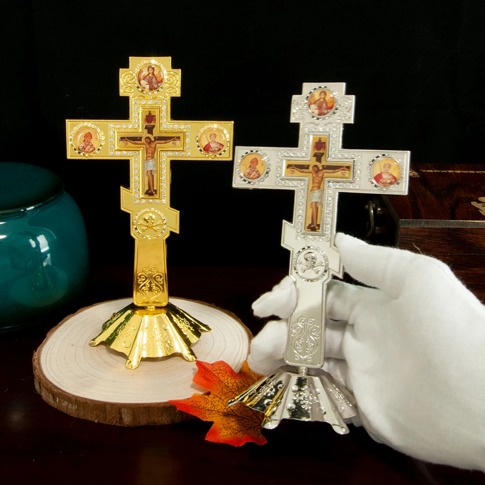 New Orthodox Standing Crucifix Gold Silver Byzantine Icon Cross Jesus Saints Golgotha Rhinestone Altar Church Christian Gift