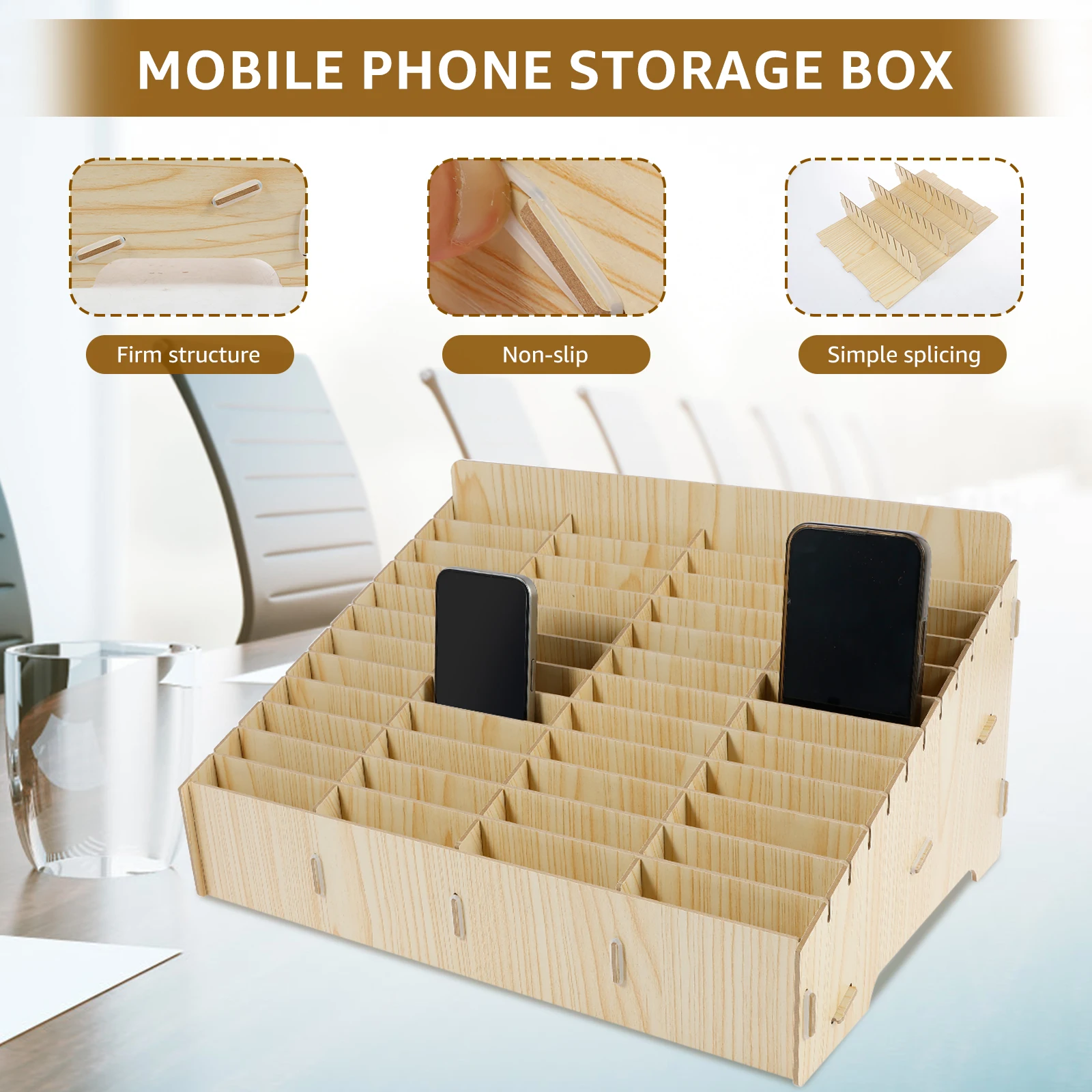 12/48-Grid Mobile Phone Storage Box Wood Multifunctional Phone Holder Desktop Organizer for Office Classroom Phone Management