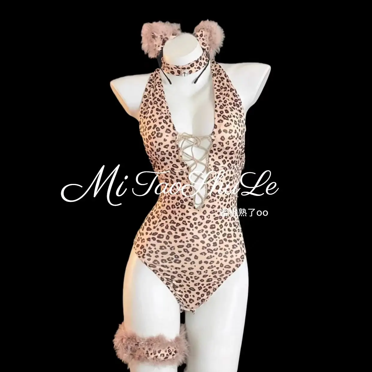 

Sexy Leopard Print Catgirl Cosplay Costume Set Bodysuit with Leg Wraps for Women