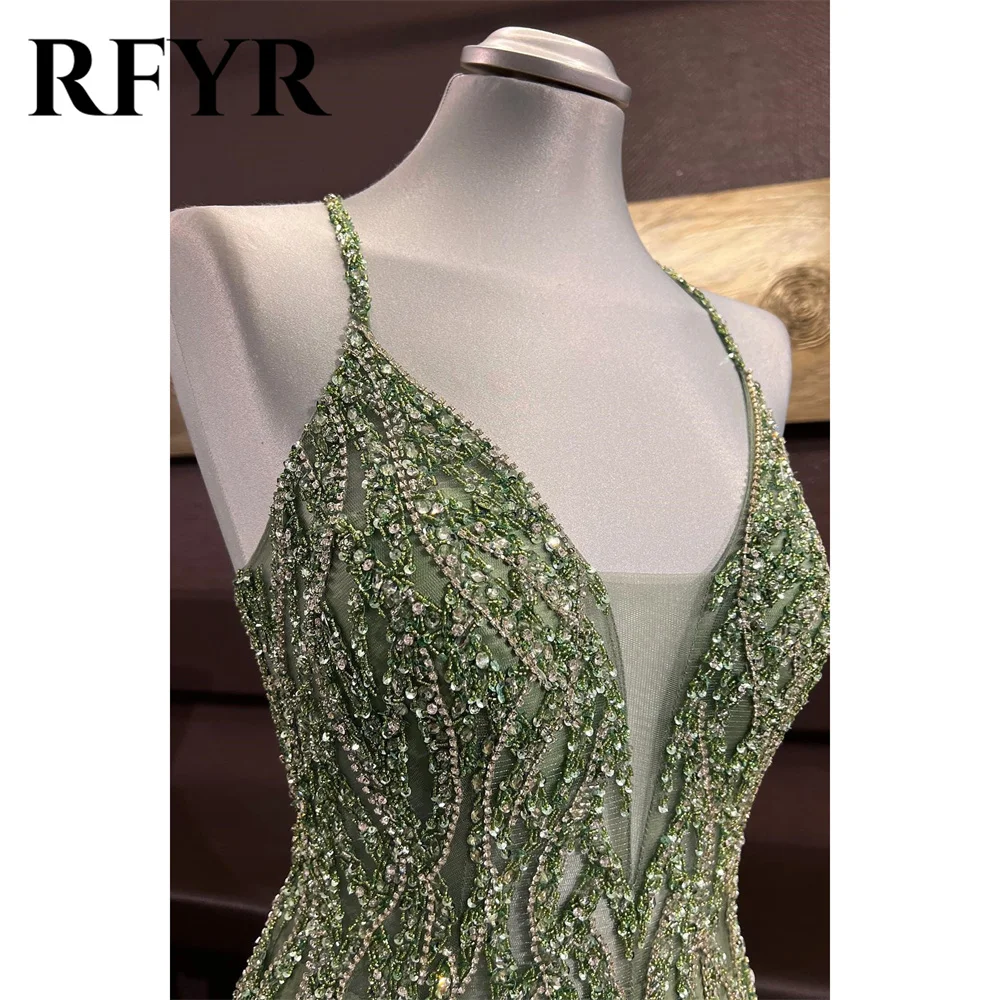 RFYR Dusty Sage Prom Dress Beach Lace Evening Dresses Beaded Cross Back Chiffon Party Dress V-Neck Sequins Embroidery Long 프롬드레스