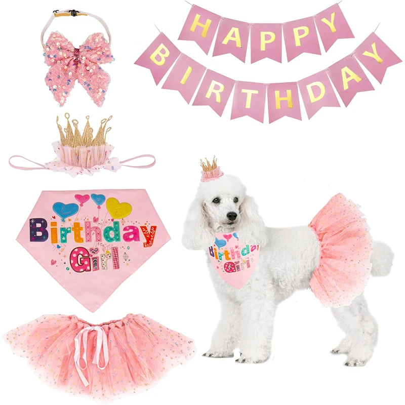 

Dog Birthday Tulle Tutu Skirt Set Sequin Crown Triangle Scarf Bow Tie Card Banner Pet Birthday Set