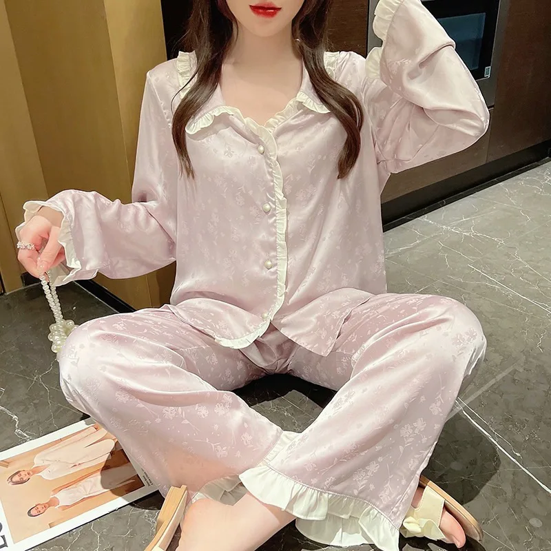 Women Pajama Set Spring Autumn 2 Piece Flounce Pyjama Pocket Faux Silk Satin Sleepwear Long Sleeve Pijama Mujer Pjs Homewear