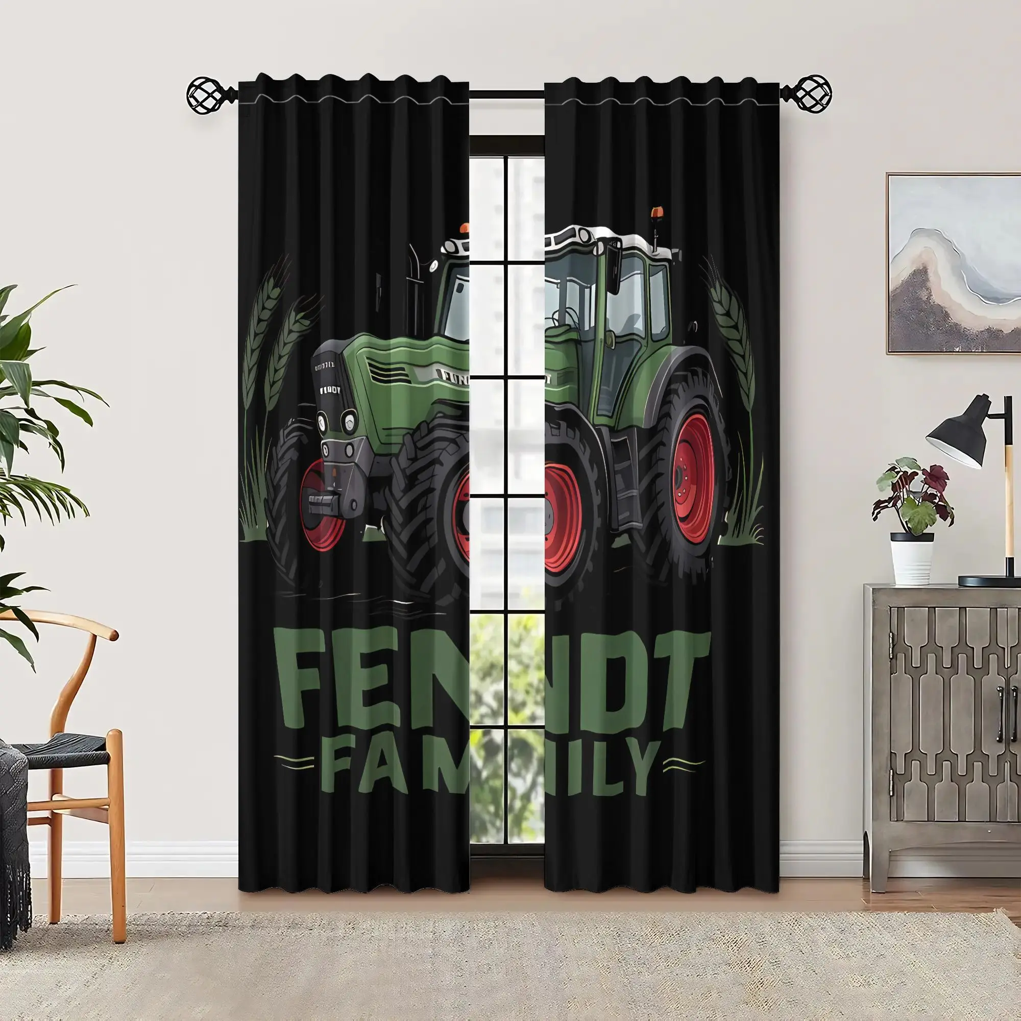 Rustic Farmhouse Tractor Curtain Pair Window Panel Black Background Vintage Agricultural Family Decor Living Room Curtains 2pcs