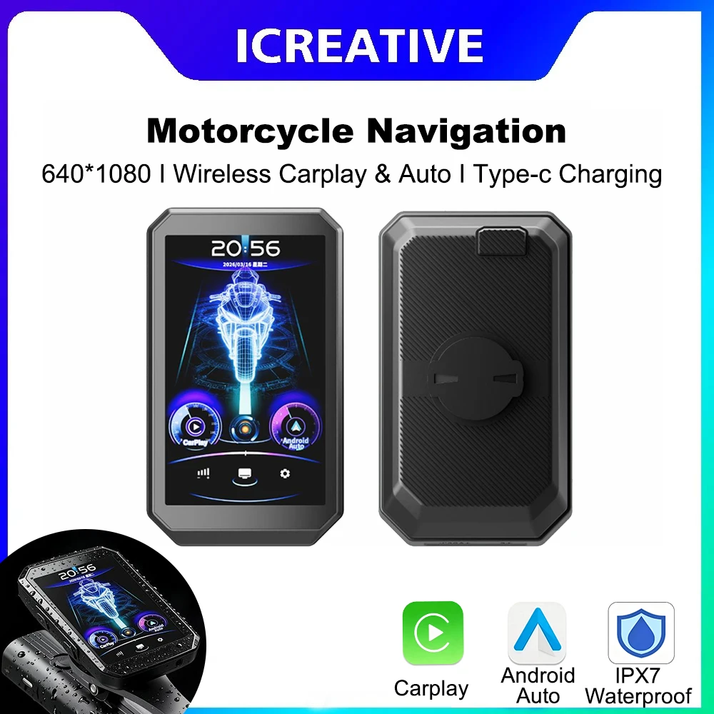 Icreative 3.6 Inch Bike Motorcycle Smart Screen Wireless CarPlay Android Auto Easy Install Handlebar Navigator Portable Monitor