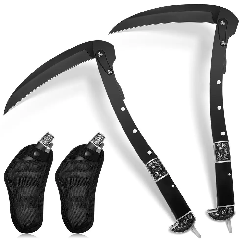 2 Pcs Black Sharp Folding Sickle 14.6 inch Grass Hand Sickle Knife Wooden Handle Portable Safety Manual Sickle Garden Tool with