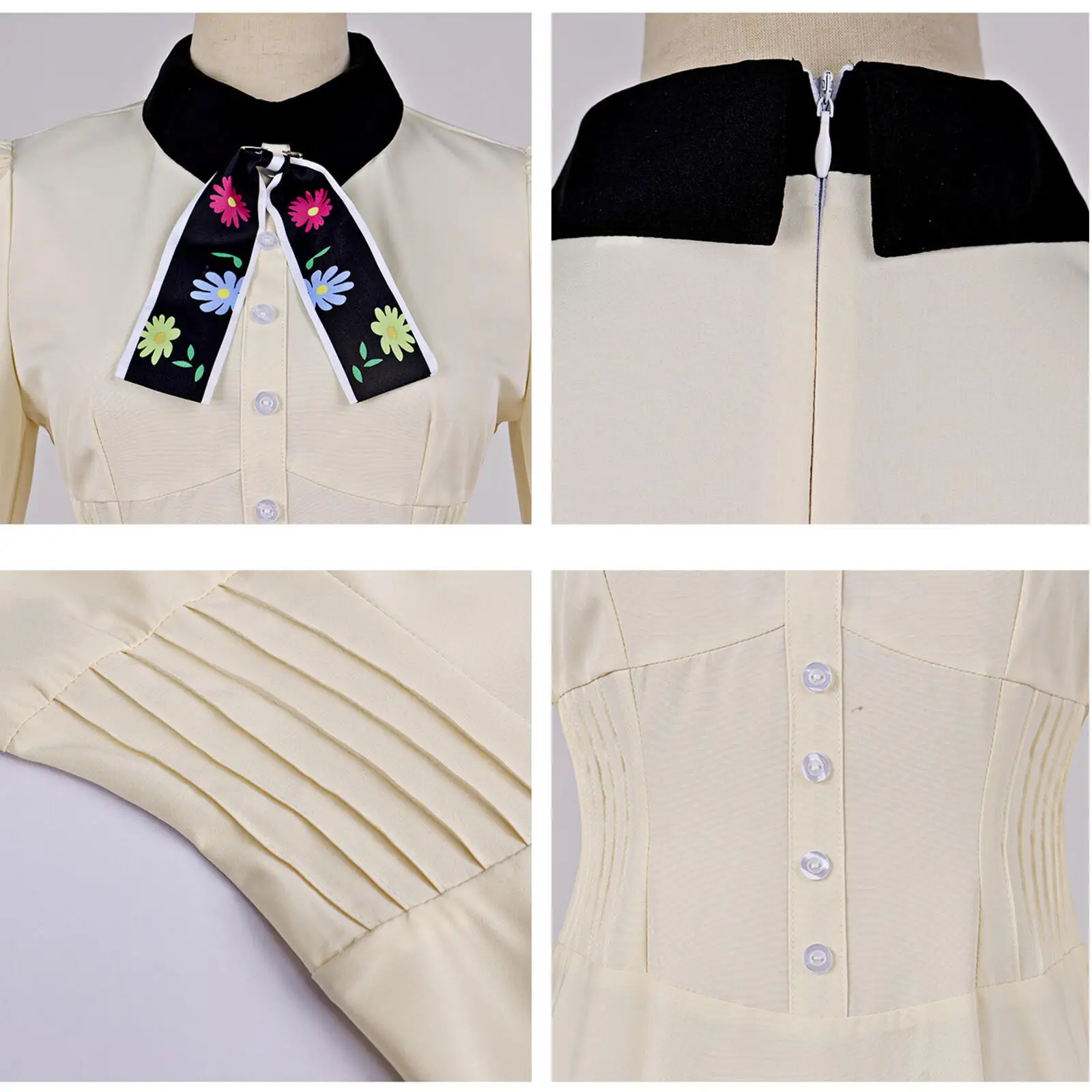 AwwwCos Anime Mei Kinosaki Cosplay Costume Beige Vintage Long Sleeve Midi Dress with Daisy Tie for Halloween Party Daily Wear - view 6