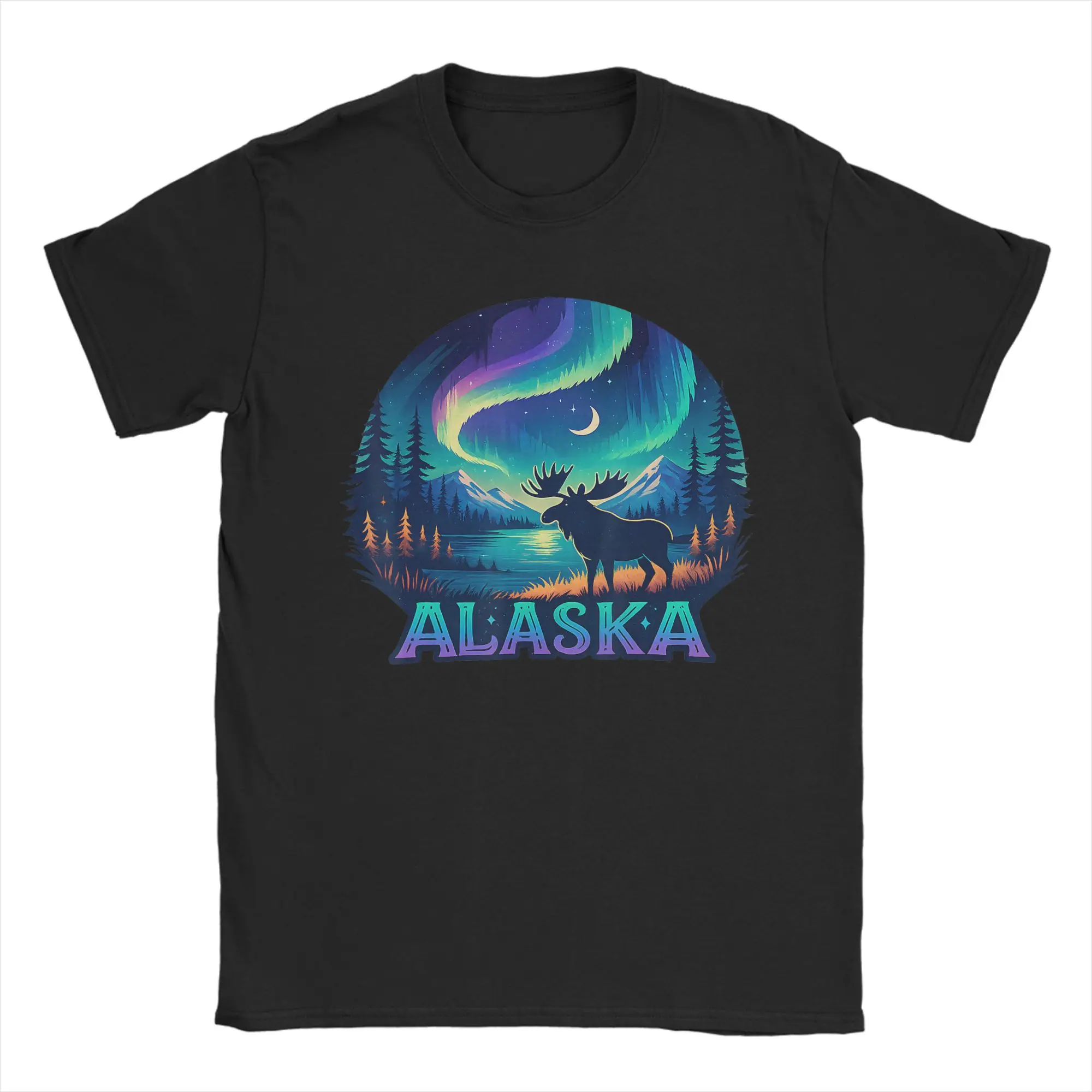 Alaskan Bear Moose Eagle Lake and Mountain Aurora Borealis T Shirt Men's  Cotton T-Shirt Round Neck  Tee Shirt Short Sleeve Tops