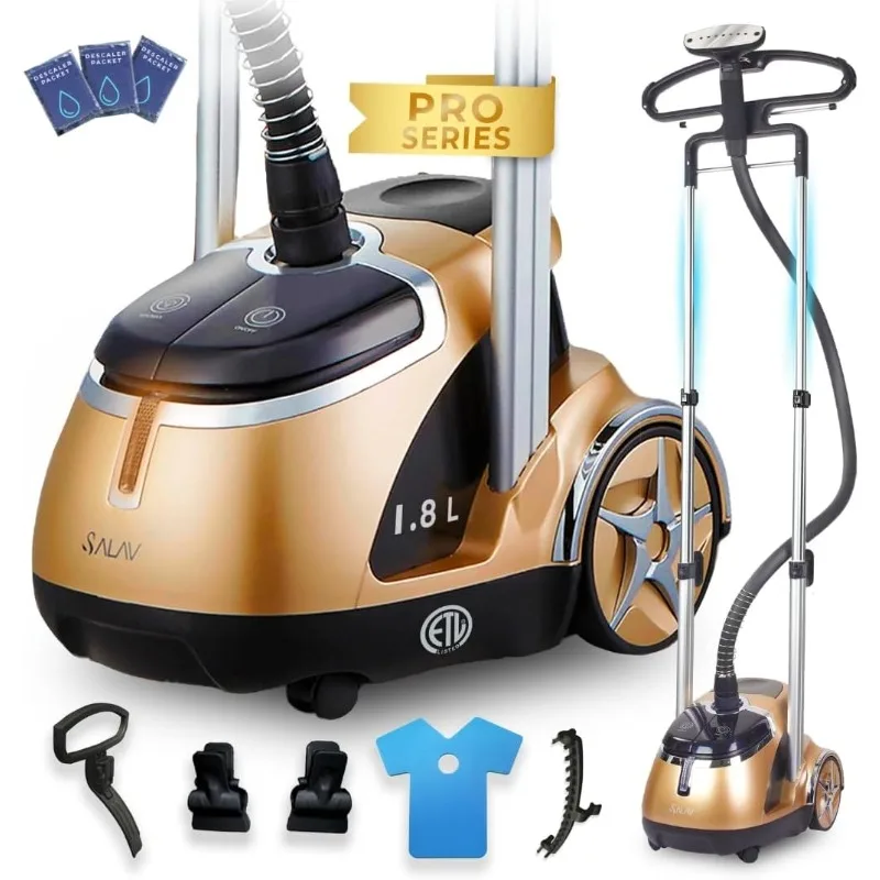 جهاز بخار الملابس المزدوج من سلسلة SALAV Deluxe Professional مع دواسات القدم و3 عبوات إزالة الكالسيفائر، ولوحة من الفولاذ المقاوم للصدأ