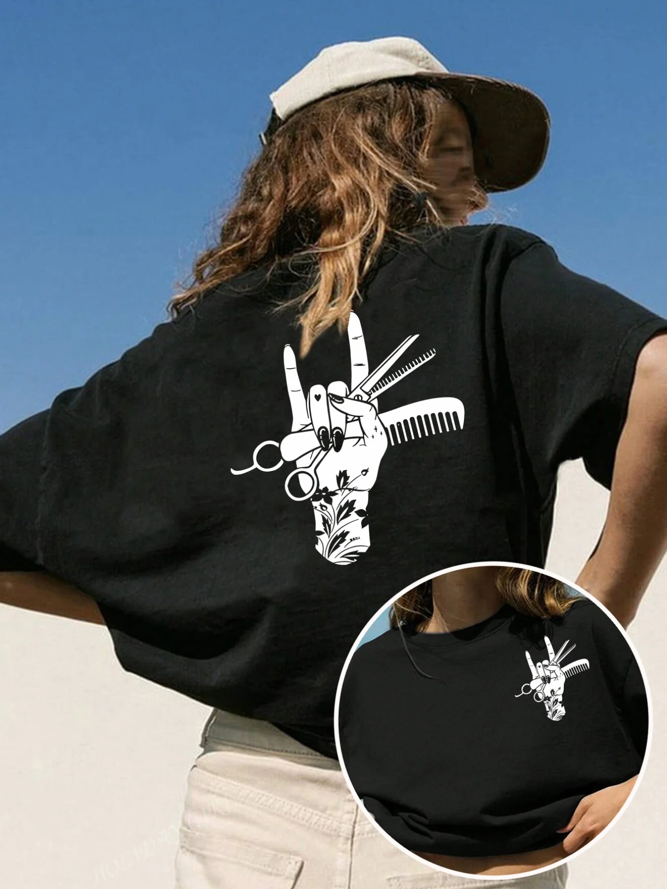 Women'S Short Sleeve T-Shirt, Barber Gesture, Scissors And Comb Print Tee, Casual Round Neck Top, Stretch, Machine Washable, Suitable for Spring/Summer/Fall