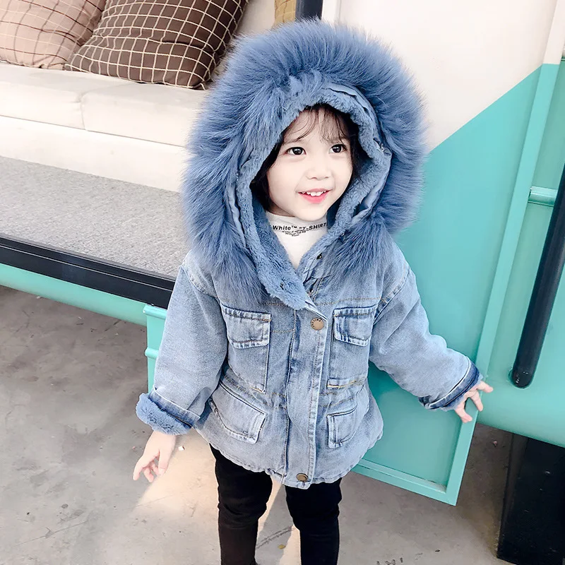 Winter Baby Girl Denim Jacket Plus Fur Warm Toddler Girl Outerwear Plush denim jacket cotton 1-5 Years Kids Infant Girl Parka