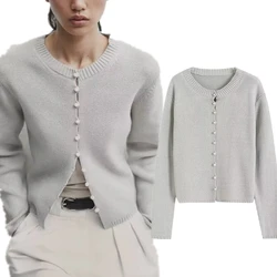 Dave&Di Cardigans Women Minimalism Fashion Elegant  Gray Sweaters Kniwear Light Women Jacket Tops