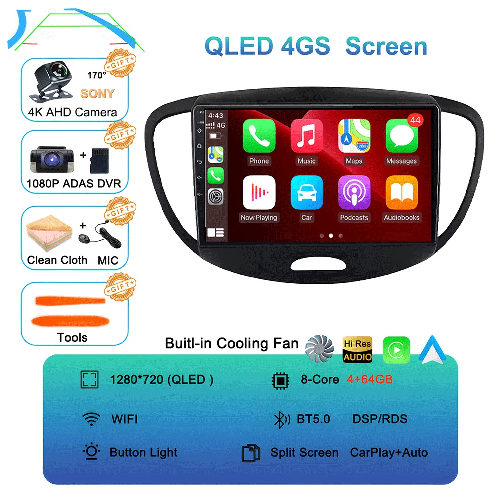 Android 16 Carplay Auto autoradio voor Hyundai I10 2007 - 2013 CarPlay Auto GPS Recorder Multimedia videospeler 4G+WiFi DSP