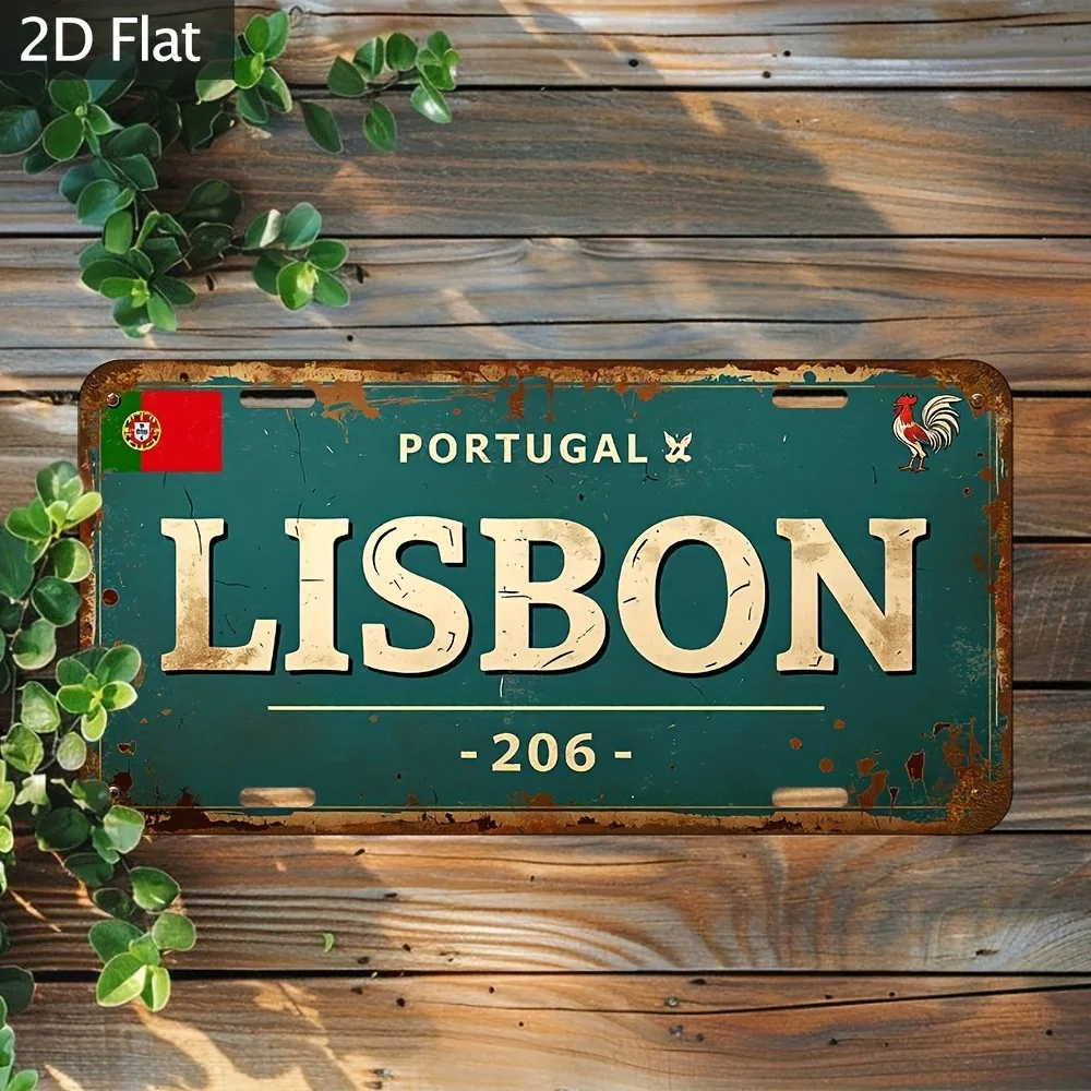 2D Flat, 1pc Handmade Portuguese Lisbon Wall Art Plaque - Vintage Suitable for Home, Cafe, Bar Decor with Teal Rust & Rooster Em