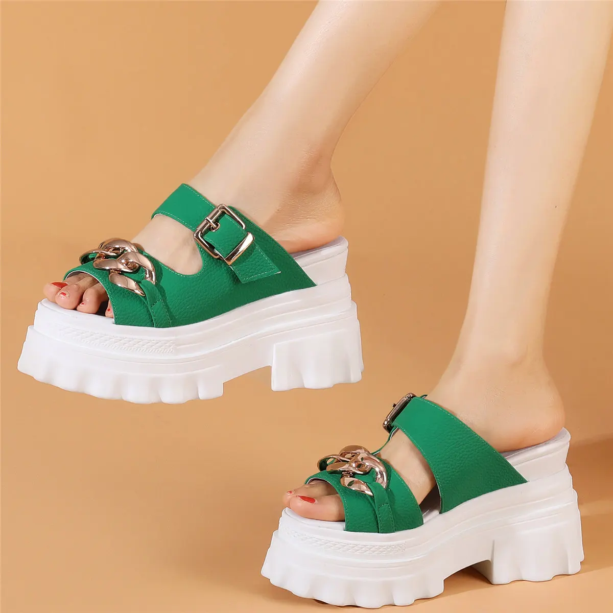 

Fashion Sneakers Women Genuine Leather High Heel Slippers Female Open Toe Gladiator Sandals Wedges Platform Pumps Chain Shoes