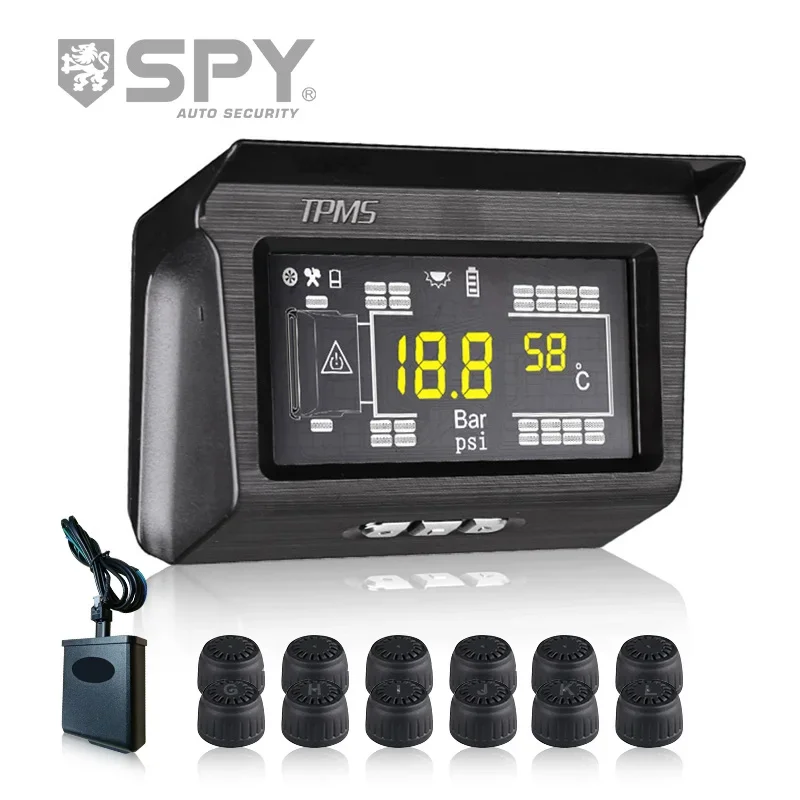 SPY Digital Truck Alarm With LCD Display Wireless External TPMS Sensors for 6 Wheels Tire Pressure Monitoring System