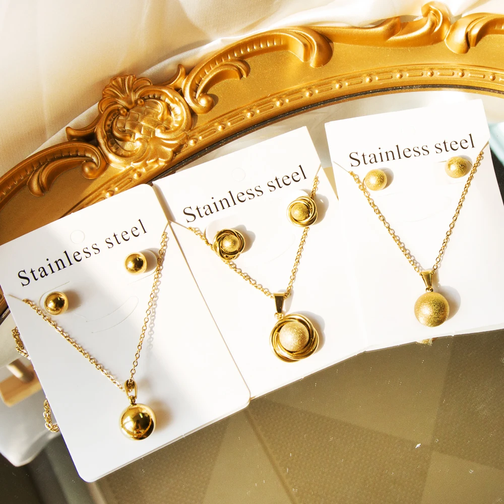 LUXUSTEEL Stainless Steel Round Ball Pendant Necklace Earrings For Women Fashion Dubai Golden Color Jewelry Sets Bride Wedding
