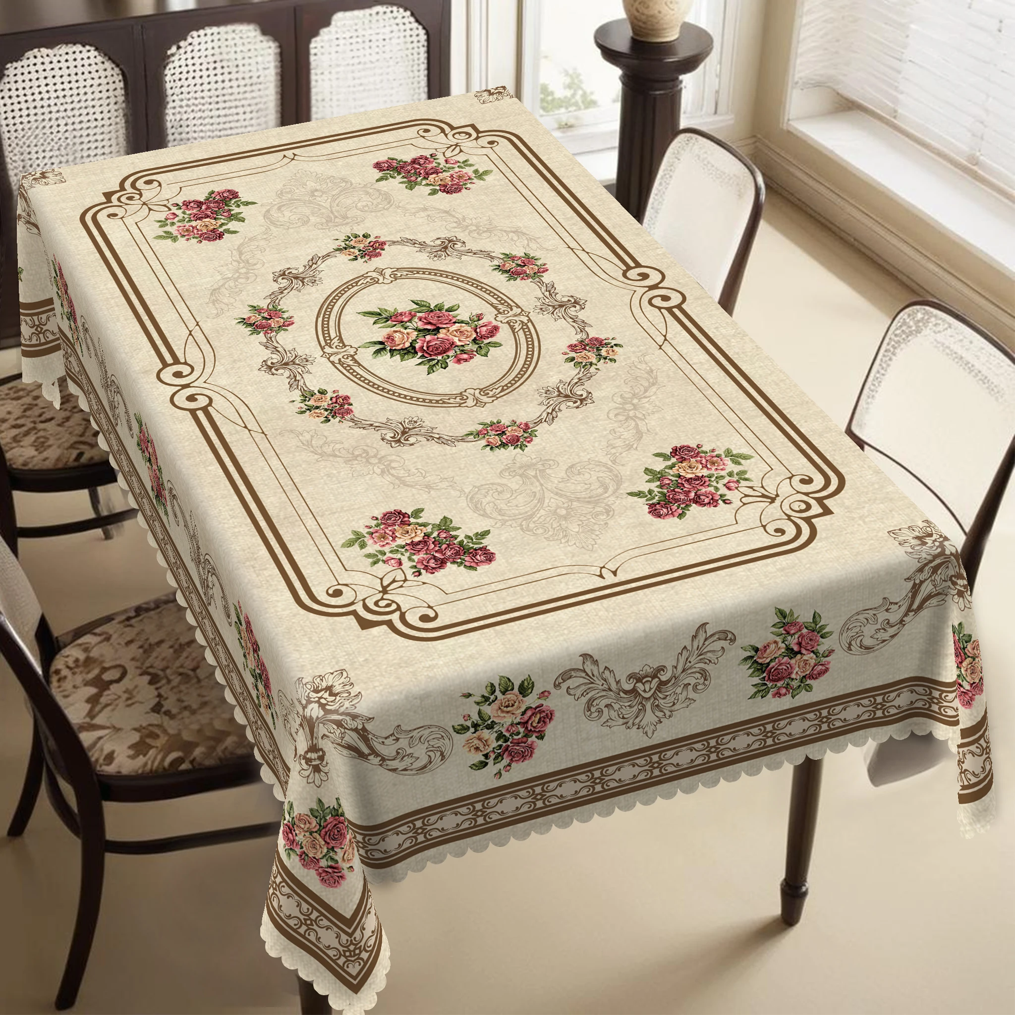 Toalha de mesa com tema de rosa vintage de estilo europeu, com flores de rosa delicadas e vibratórias, estampa floral de mandala, artesanato com borda em relevo, à prova d'água, resistente ao redor