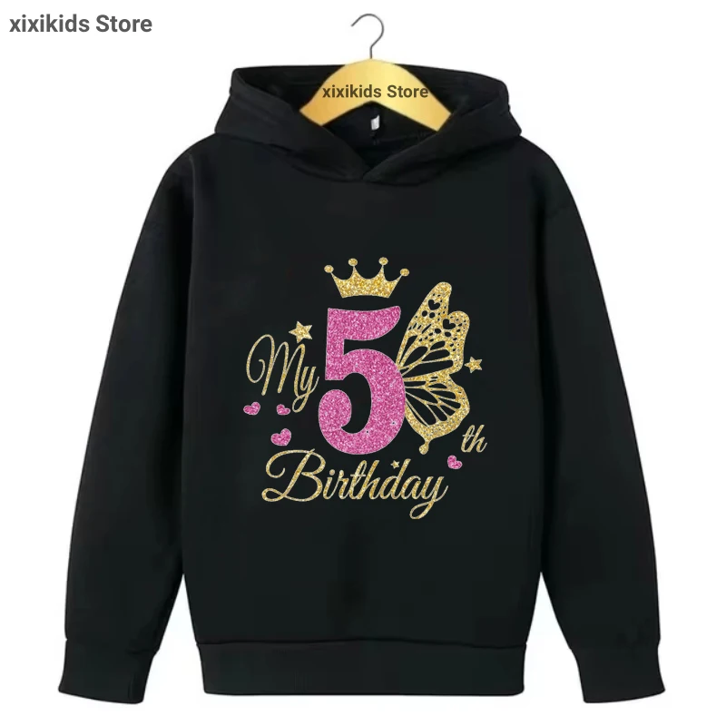 Kawaii Kids Clothes Glitter Butterfly My 4th/5th/6th Birthday Gift Printed Cap Hoodies Girls Spring/ Autumn/Winter Sweatshirt