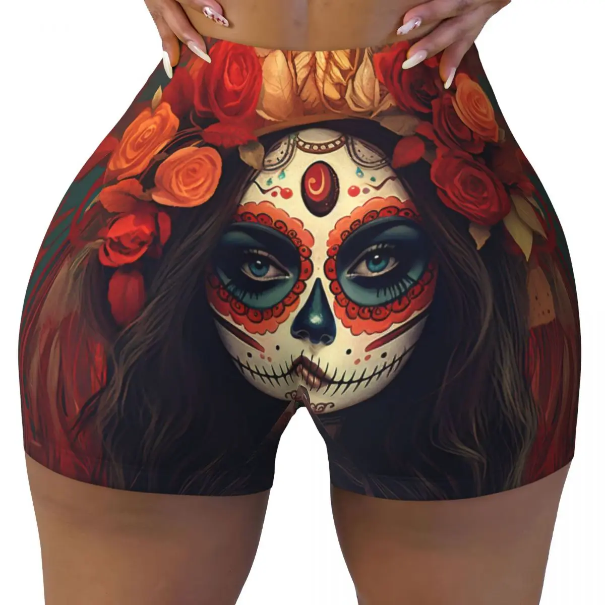 Womens Clothes Gym Push Up Short Elasticity Scrunch Butt Running Shorts Flowers Mexican Skull Calavera Sports Shorts