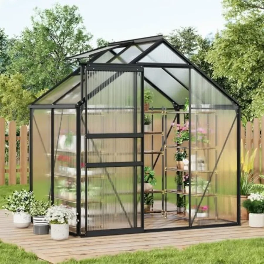 6x4 ft outdoor greenhouse for backyard, patio, lawn: polycarbonate panels, black aluminum frame, roof vent sliding door, heavy-