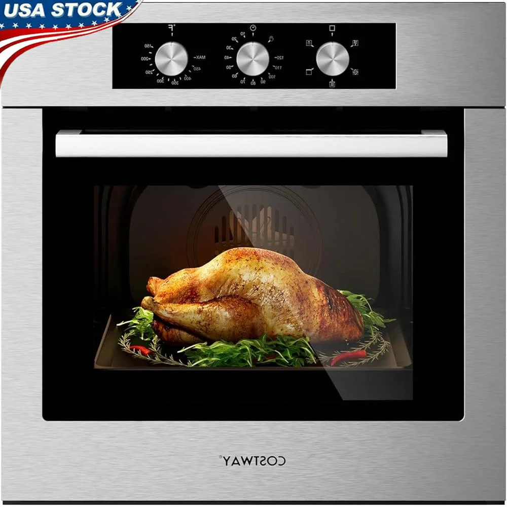 24 Inch Electric Wall Oven Built-in Convection Oven 5 Cooking Functions 2300W 360 Degree Hot Air Circulation Timer Easy