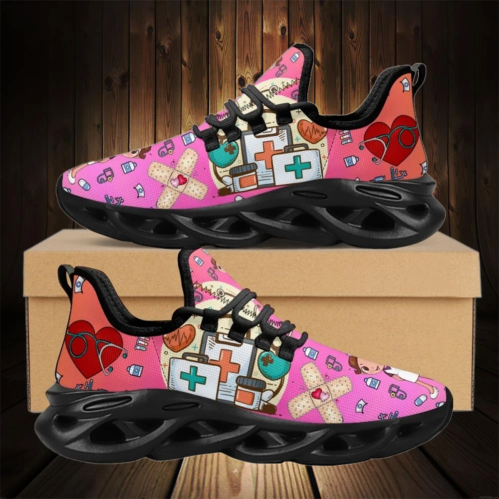 INSTANTARTS 2023 Women Sneakers Gradient Pink Nursing Shoe Cute Cartoon Nurse Doctor Medical Print Light Lace-up Platform Tennis