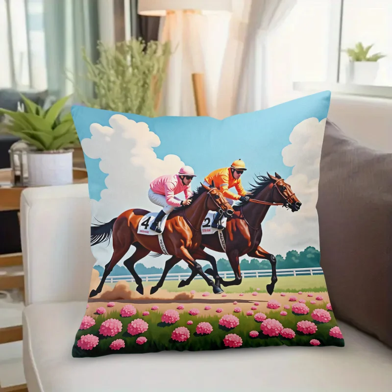 1pc Horse Racing Pillow Cover 18x18