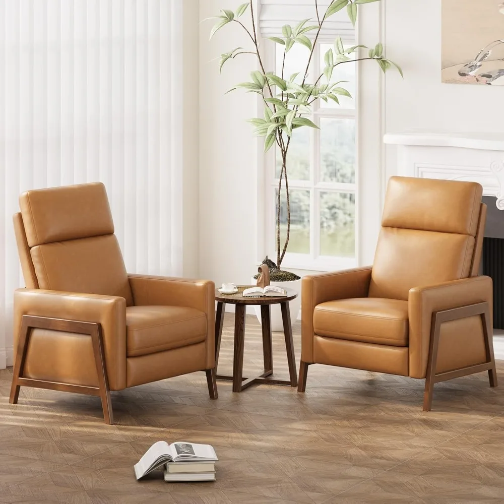 

pair of upholstered leather recliners with adjustable footrests and modern wingback design