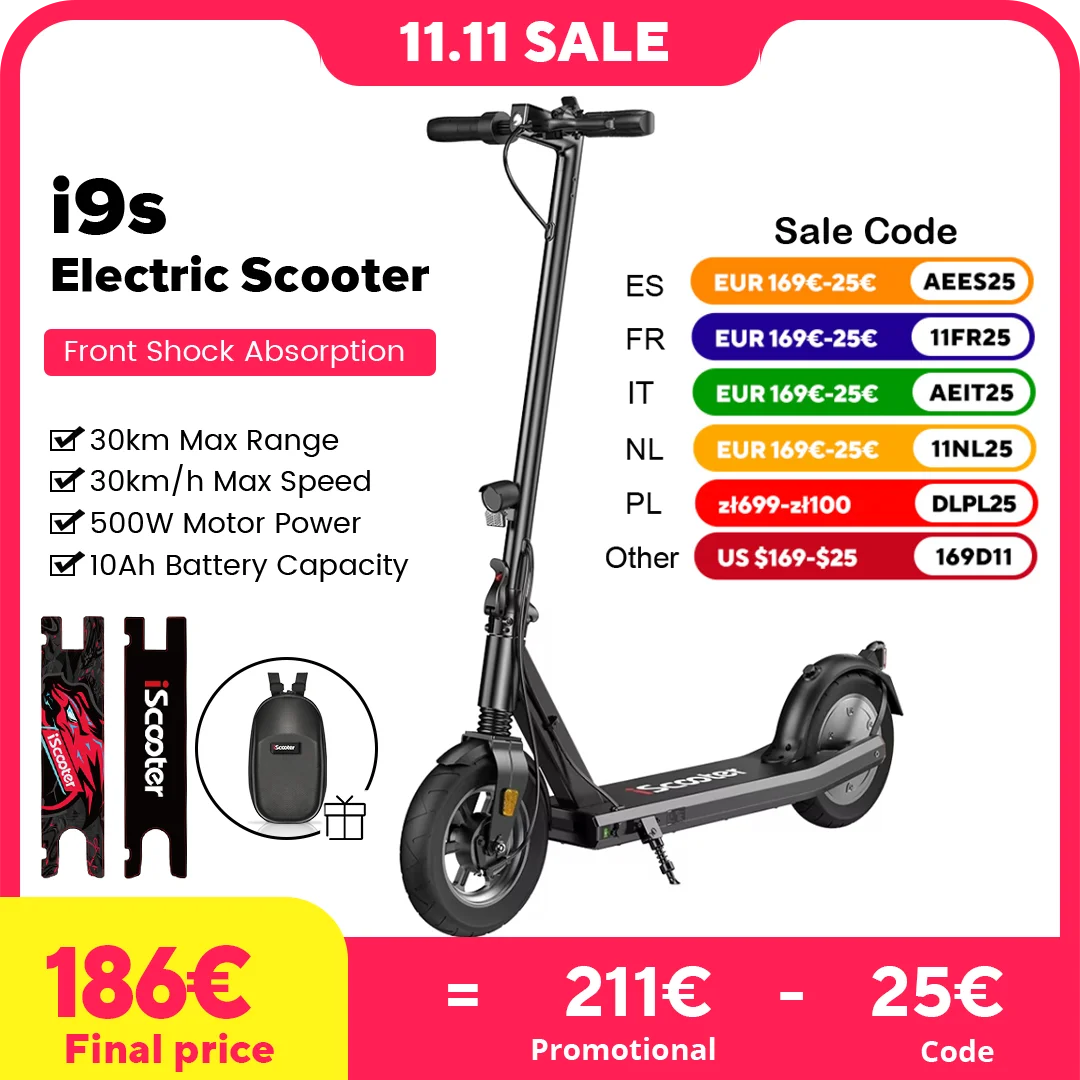 iScooter i9s Electric Scooter 500W 10Ah Powerful Electric Kick Scooter 30km Max Range 35km/h Speed Electric eScooter DIY Sticker