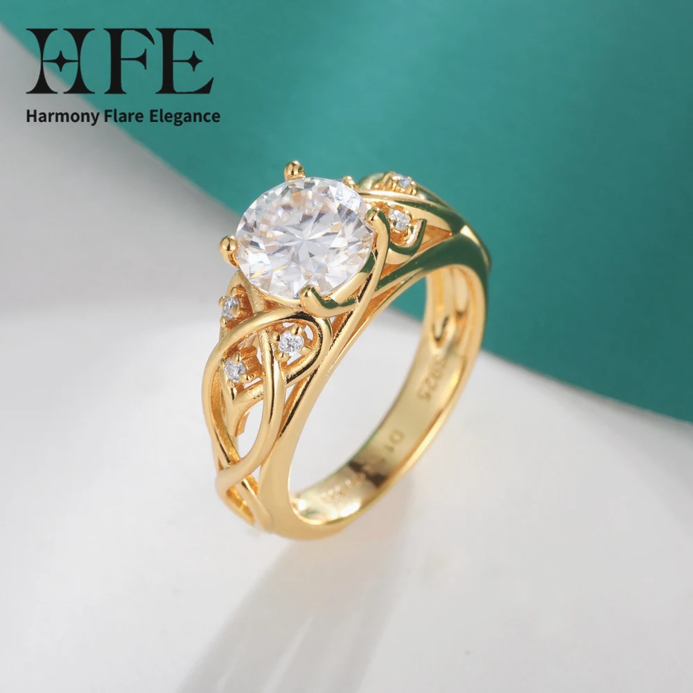 

HFE D VVS1 Moissanite Wide Ring with Gold-Plated Gold Vine Pattern 925 Sterling Silver Luxury Women's Birthday Anniversary Gift