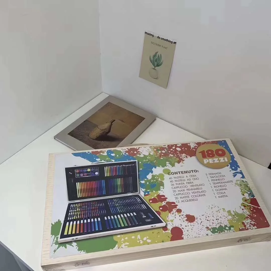 180 Piece Wooden Box Art Set for Kids and Students, Portable Painting Kit with Crayons, Oil Pastels and Watercolor Pens for