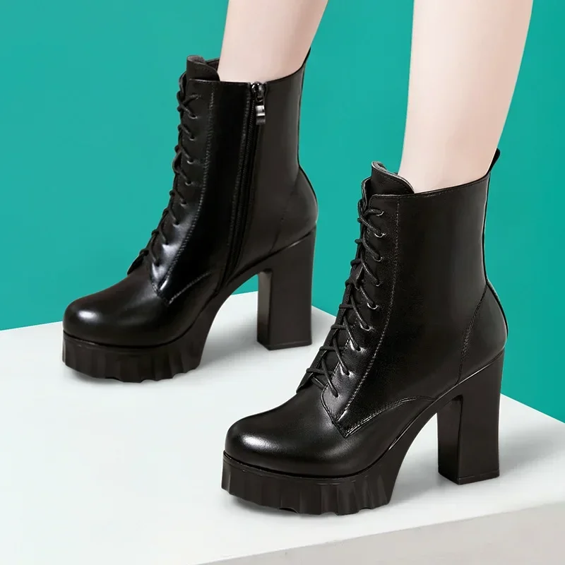 10cm Small Size 32-43 Thick Bottom Chunky Platform Shoes Motorcycle Boots 2025 Winter Block High Heels Ankle Botas with Fur