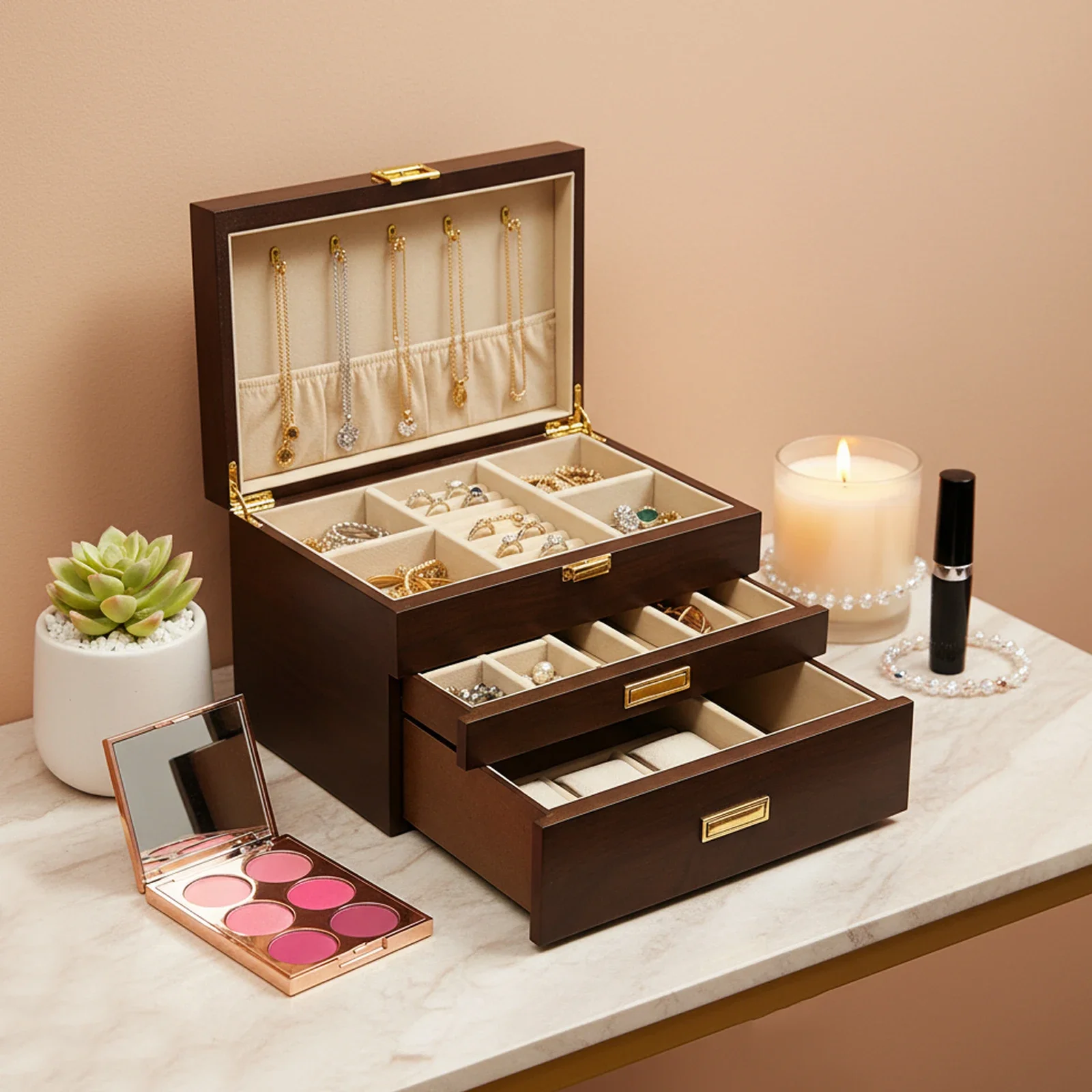 

Трехуровневая деревянная шкатулка для украшений с выдвижными ящиками, органайзер для колец, ожерелий, серег и браслетов (черный орех)