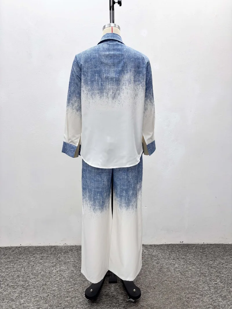 Afrikanischer Stil Damen 2-Teiliges Set Blaues Ombre Farbblock Langarm-Hemd & Hochgeschnittene Weite Hose Lässige Büro-Outfits – Detail 4