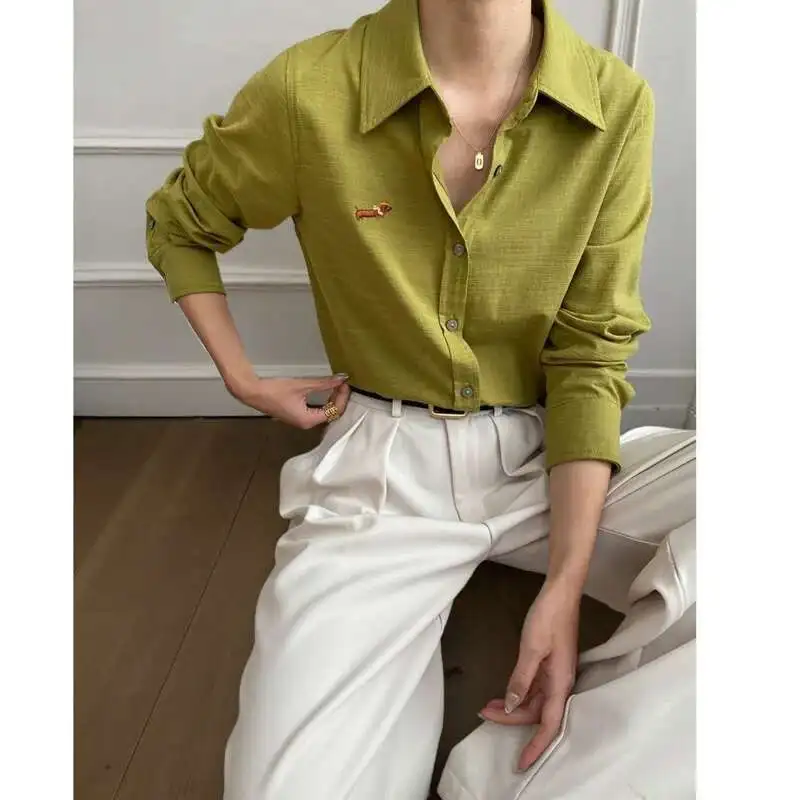 

Women Cartoon Embroidery Linen Shirts Spring Summer Lapel Collar Long Sleeve Single Breasted Casual Shirt