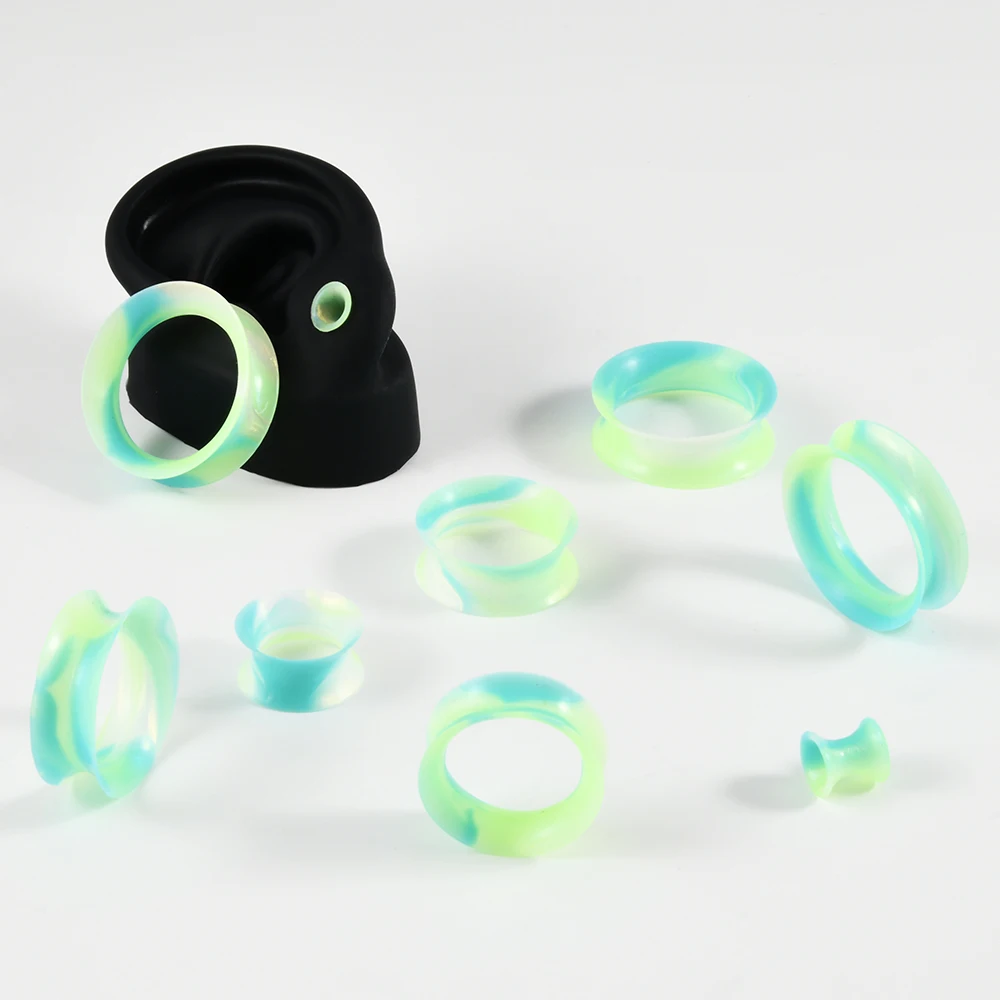 14PCS/lot Silicone Flexible Ear Tunnels Gauges Plugs Colorful Stretchers Expander Double Flared Flesh Tunnels Ear Piercing