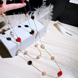 Trendy Sweater Colorful Pearl Beaded Chain Long Necklace for Women Morrocan Jewelry