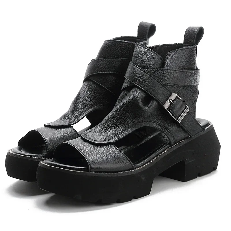 Summer Shoes Women Sandals Retro Rome PU Leather Woman Wedges Platform Sandals Peep Toe High Heel Sandals Black Casual 2024