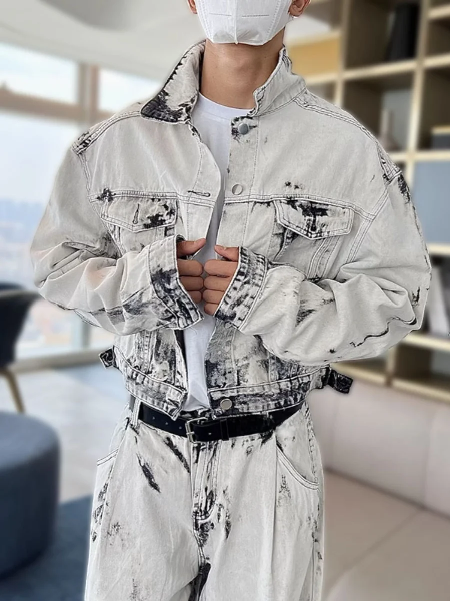 

Retro Tie Dye American Casual Set Loose Cool Men's Denim Jaet Streetwear Wide Leg Jeans Trendy Polyester Fiber Autumn Winter