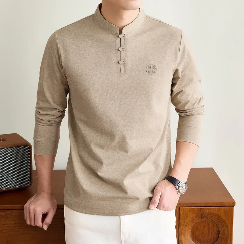 Mens Mandarin Collar Long Sleeve Tee Traditional Button Design Chest Emblem Smooth Stretchy Fabric Fashion Casual Tops For Men