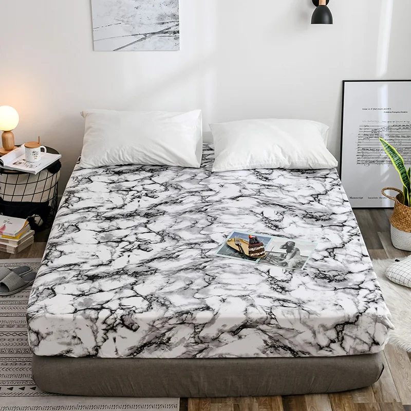 RunGrape Elastic Fitted Sheets Set 150 Couple Bed Sheet With Elastic Band Double Bed Linens Marble Printing Mattresses Cover