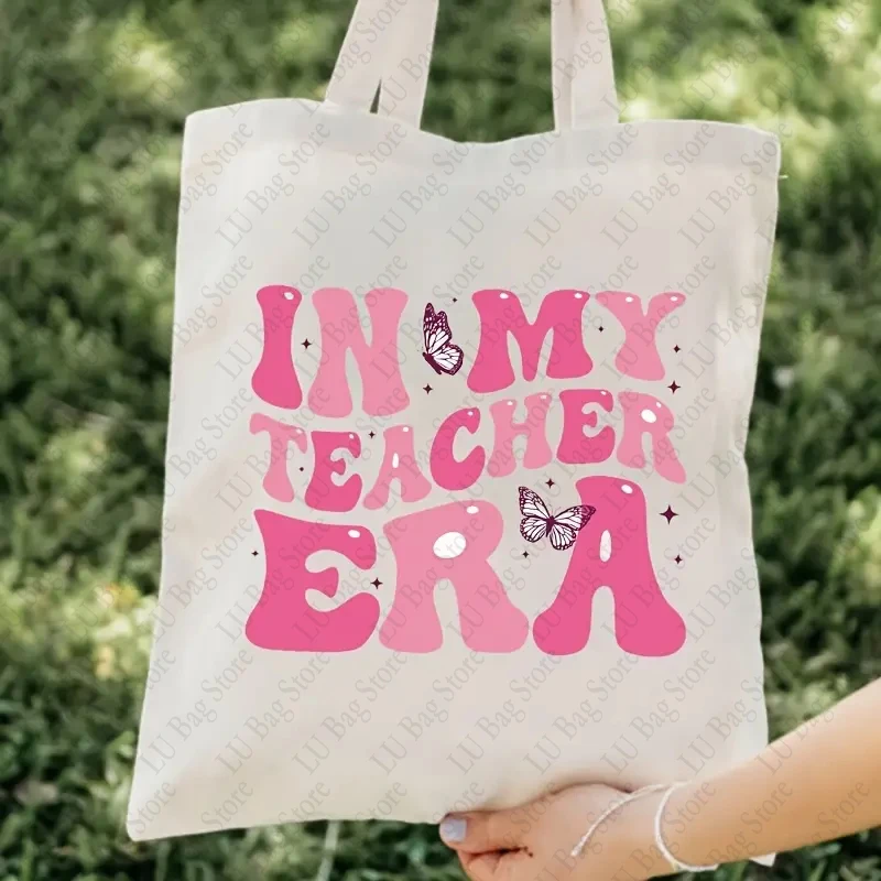 In My Teacher Era Pattern Canvas Tote Bag for Teachers Simple Shopper Bag Versatile Lightweight Storage Bags Teacher Gift Bags